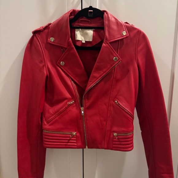 Maje Red Leather Jacket - size 36 NEW - Picture 3 of 4